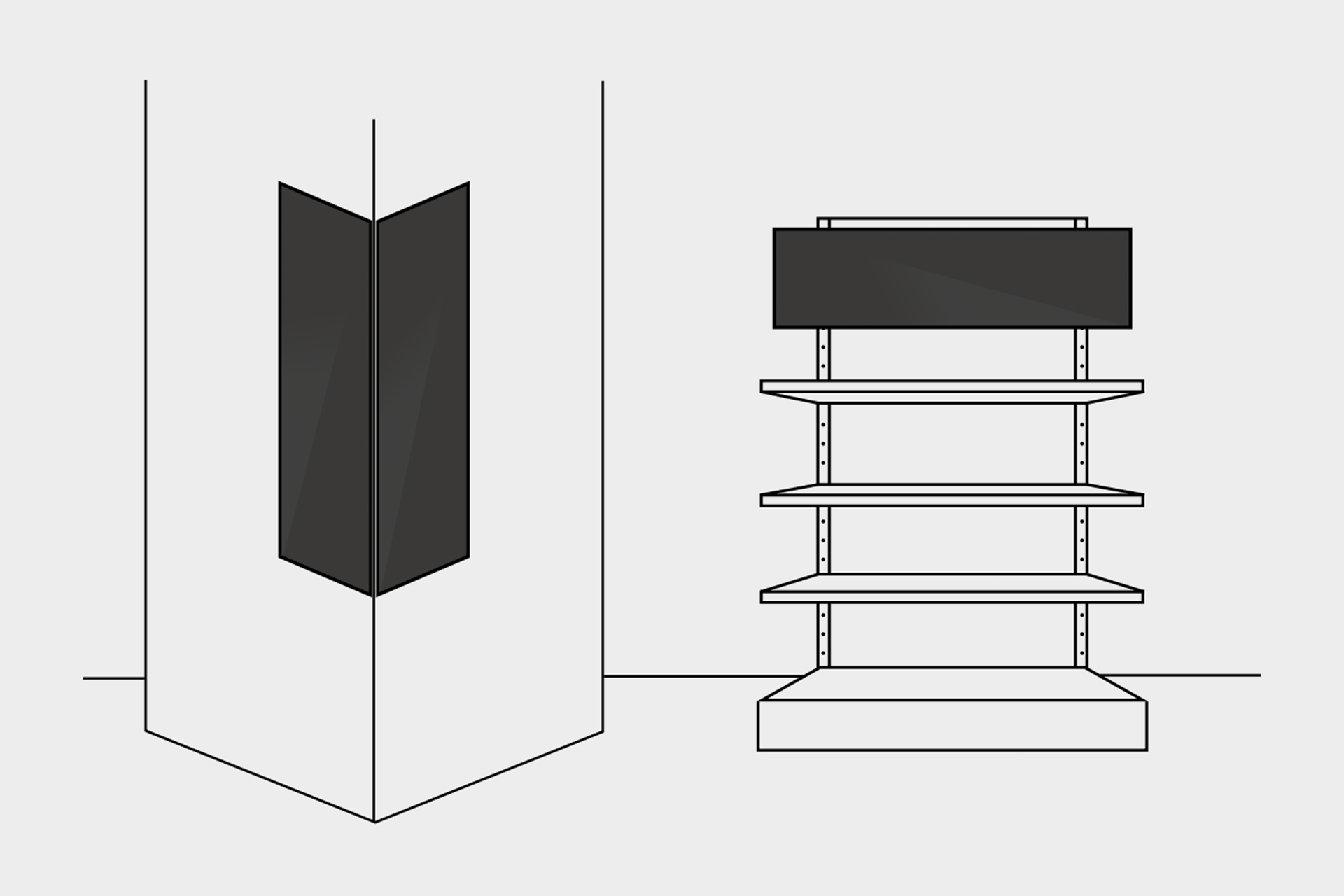 Skizze einer weißen Eckwand mit schwarzem schützenden Eckschutz und ein freistehendes dreistöckiges Regal mit schwarzem Schild oben.