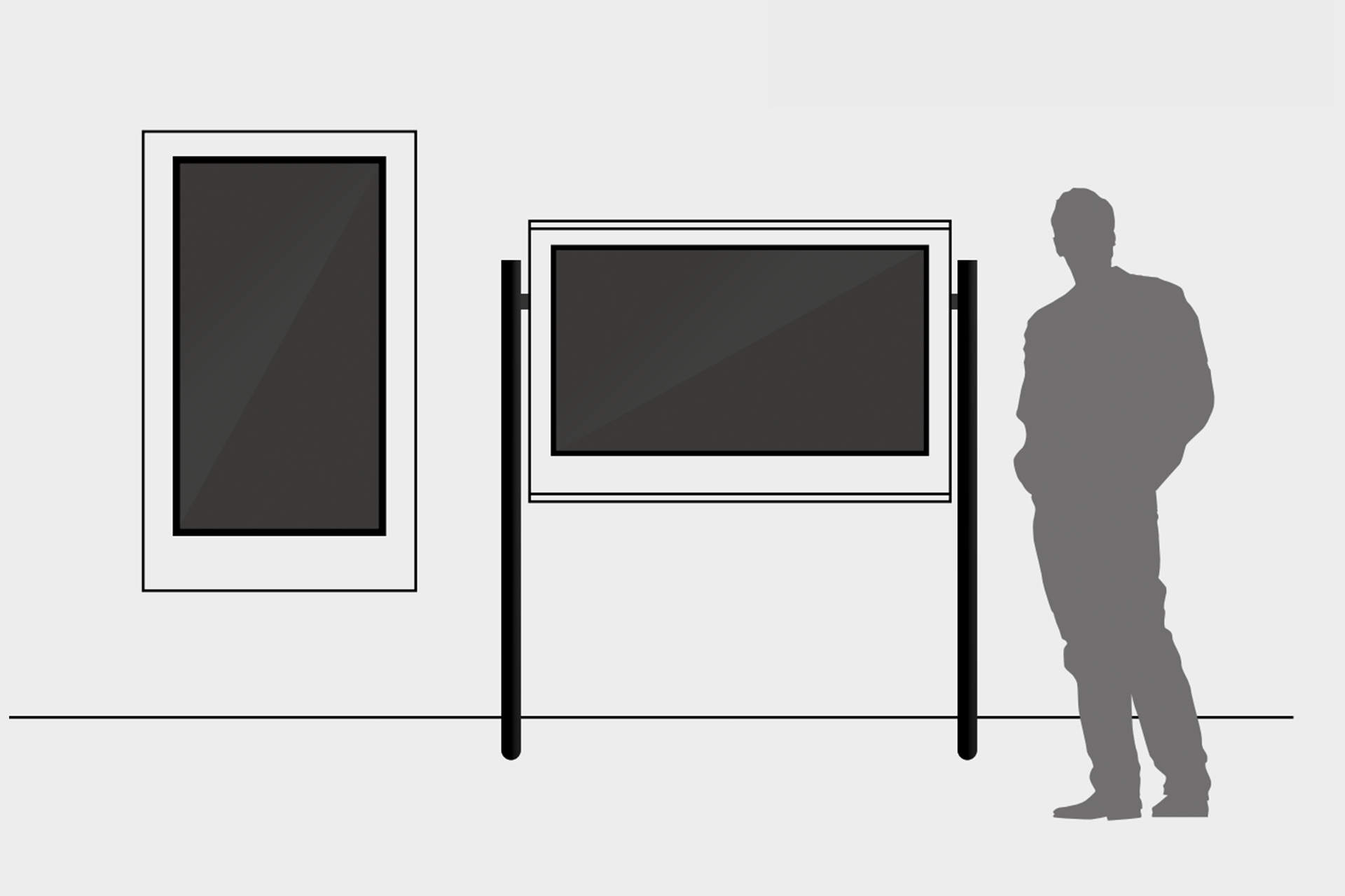 Abbildung eines mannshohen Displays an einer Wand und eines größeren Displays auf einem Ständer mit einer Person im Schatten vor weißem Hintergrund.