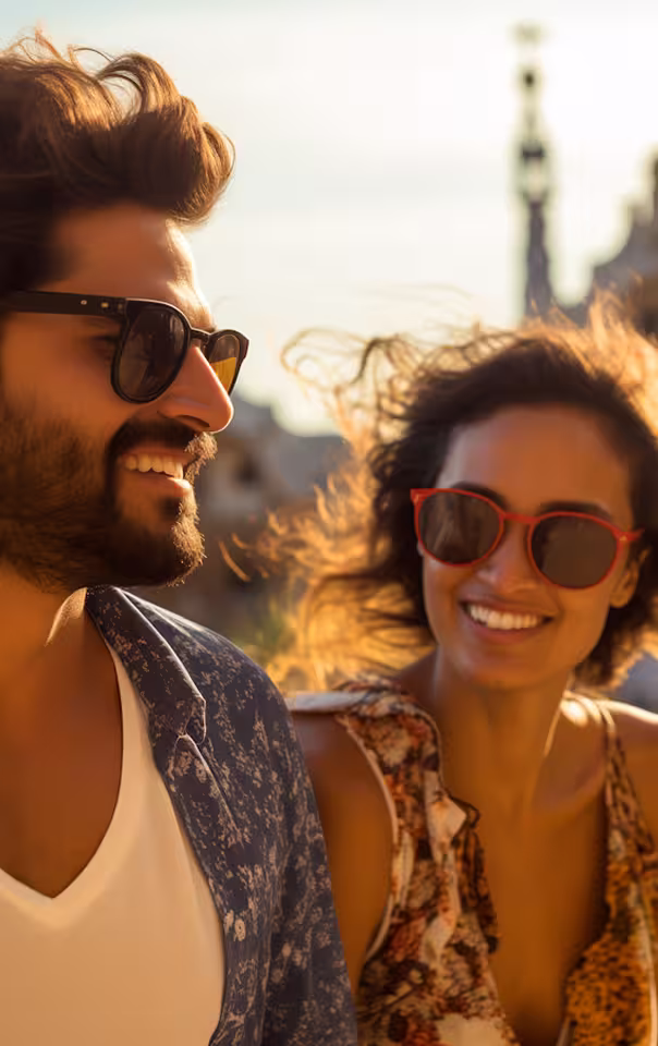 Smiling man and woman wearing sunglasses enjoying sunny weather outdoors.