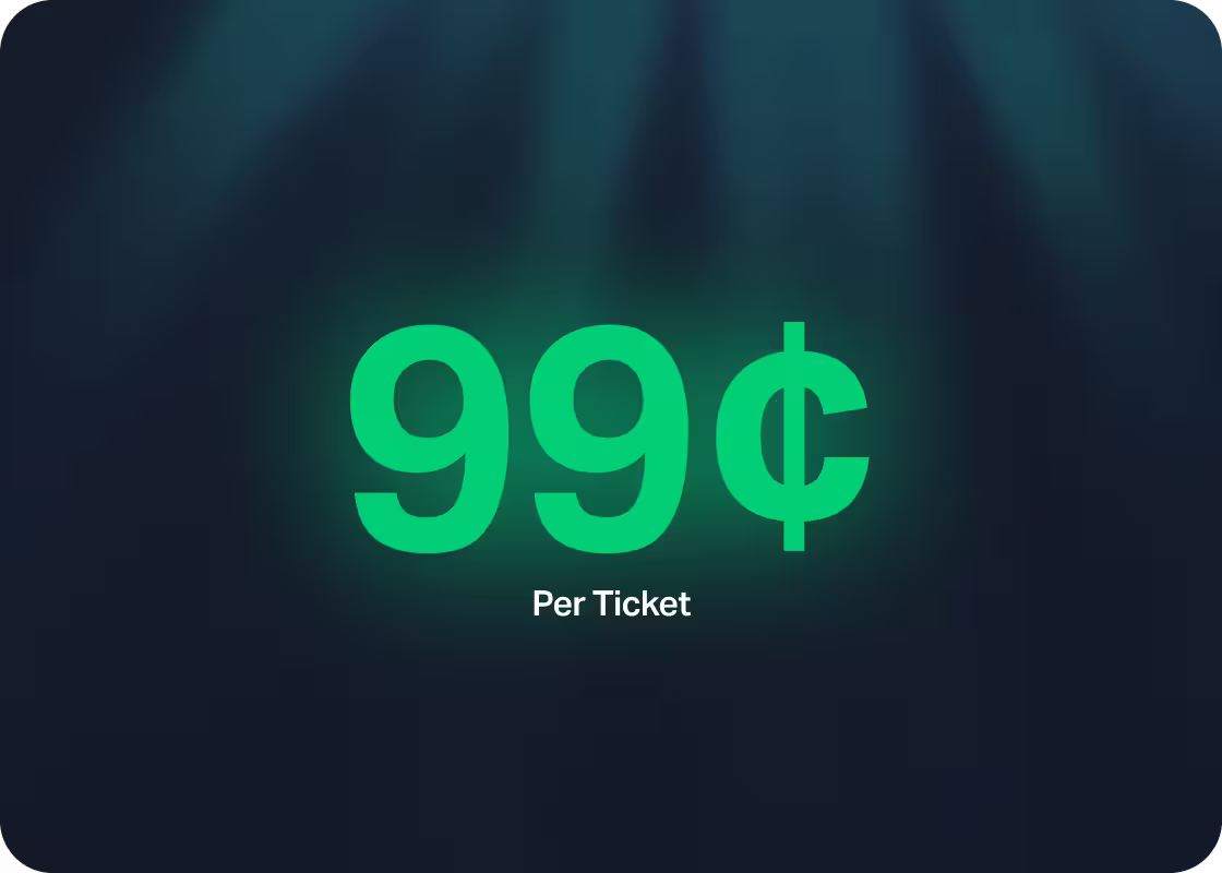 Green text displaying 99 cents with the words 'Per Ticket' below on a dark background.