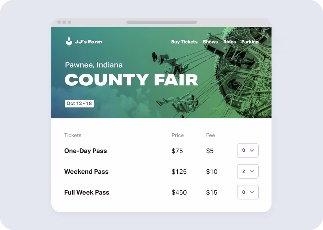 County fair ticket pricing interface for Pawnee, Indiana, showing one-day, weekend, and full week passes with prices and fees.