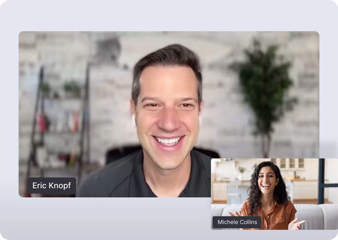 Video call screen showing a smiling man named Eric Knopf in the main window and a smiling woman named Michele Collins in a smaller inset window.