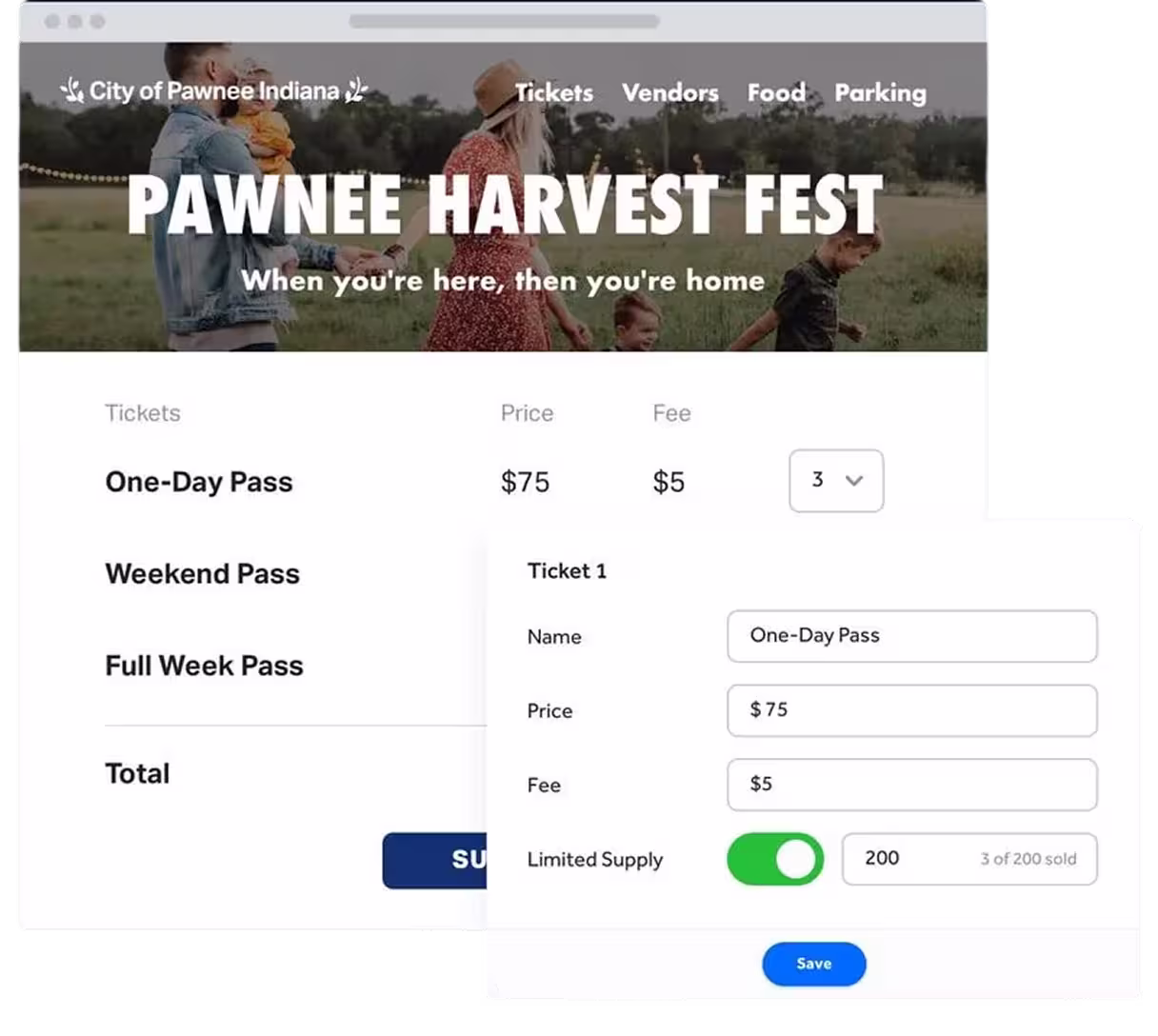 Online ticket purchase interface for Pawnee Harvest Fest showing ticket types, prices, fees, and option to set ticket supply with 'Save' button.