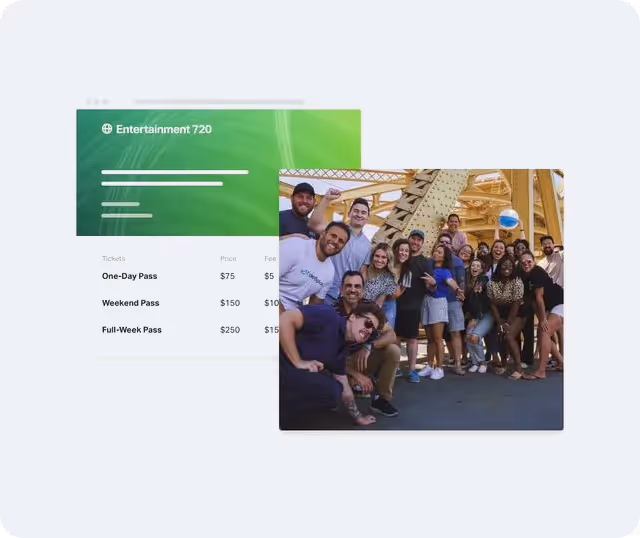 Group of smiling people posing outdoors under a yellow metal structure next to a ticket pricing panel for Entertainment 720 passes.