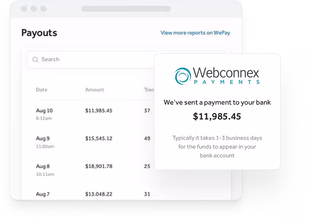 Webconnext Payments notification showing payment sent for $11,985.45, with a background list of payout dates and amounts.