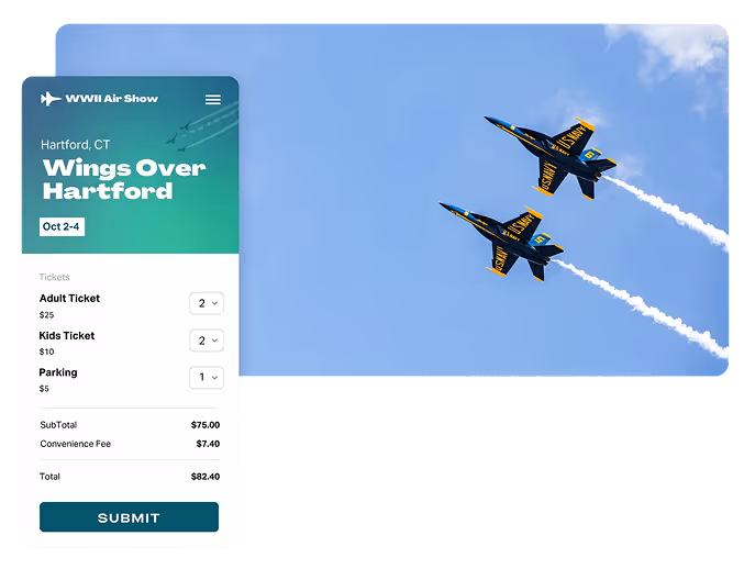 Two US Navy jets flying in formation with white smoke trails against a blue sky, next to a ticket purchase interface for the Wings Over Hartford WWII Air Show.