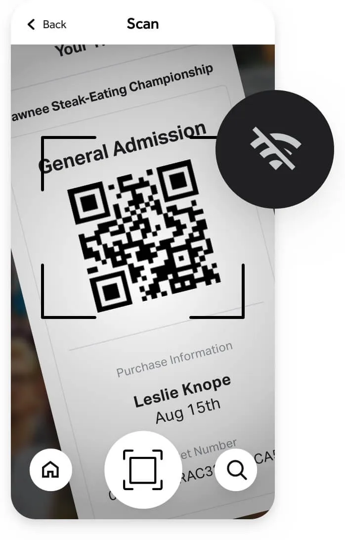 Mobile screen showing a QR code scan interface over a digital ticket for the Pawnee Steak-Eating Championship with general admission, name Leslie Knope, and date Aug 15th, plus a no Wi-Fi symbol.