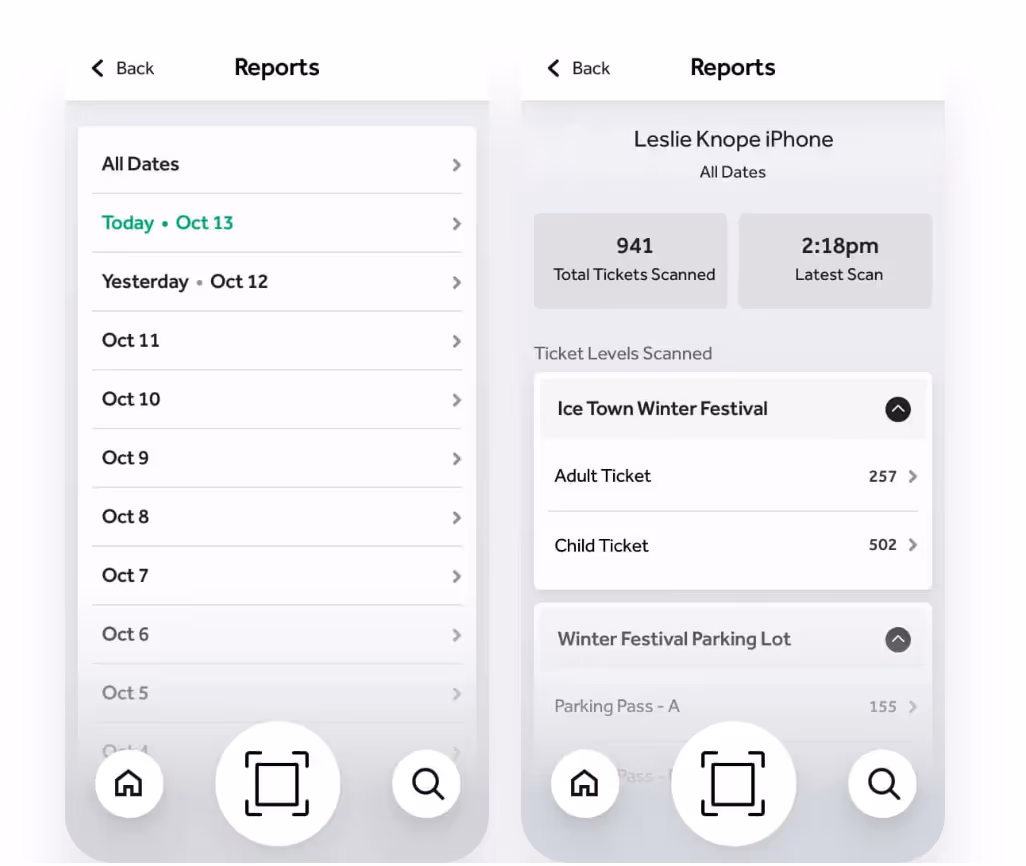 Screenshots of event ticket scanning app showing date selection on left and scanned ticket report for Leslie Knope's iPhone on right with total tickets scanned and latest scan time.