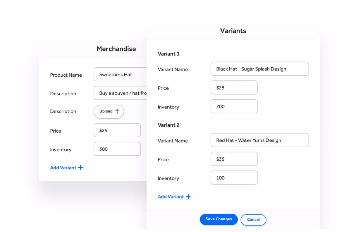 Web form interface for adding merchandise and variants, showing fields for product name, description, price, inventory, and variant details with save and cancel buttons.