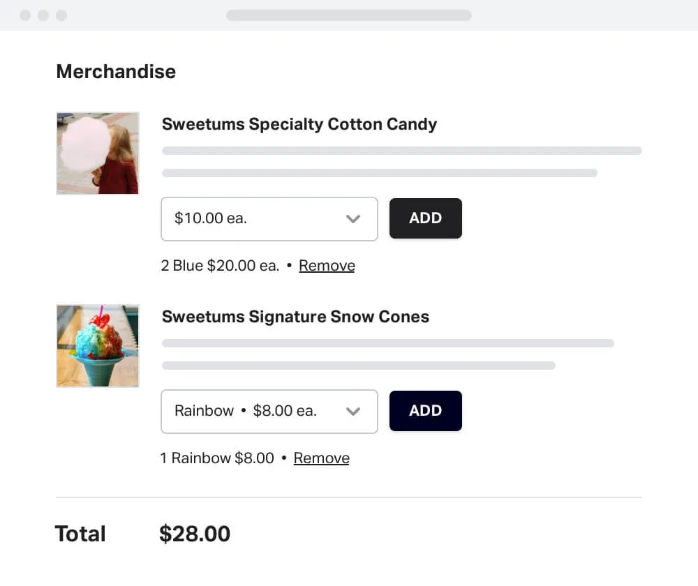 Merchandise order summary showing Sweetums Specialty Cotton Candy and Sweetums Signature Snow Cones with quantities and total price of $28.00.