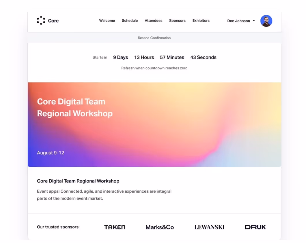 Webpage showing countdown to Core Digital Team Regional Workshop starting in 9 days, 13 hours, 57 minutes, with sponsors listed at the bottom.