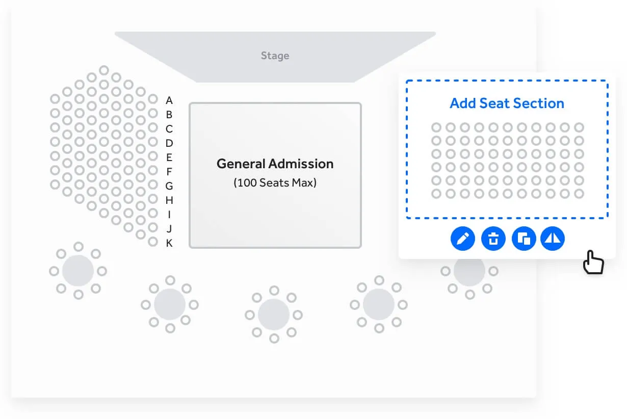 Event seating chart showing a stage with a general admission section in the center (100 seats max), labeled rows A to K on the left block with circular seat icons, and round table seating below; an editable add seat section is highlighted on the right.