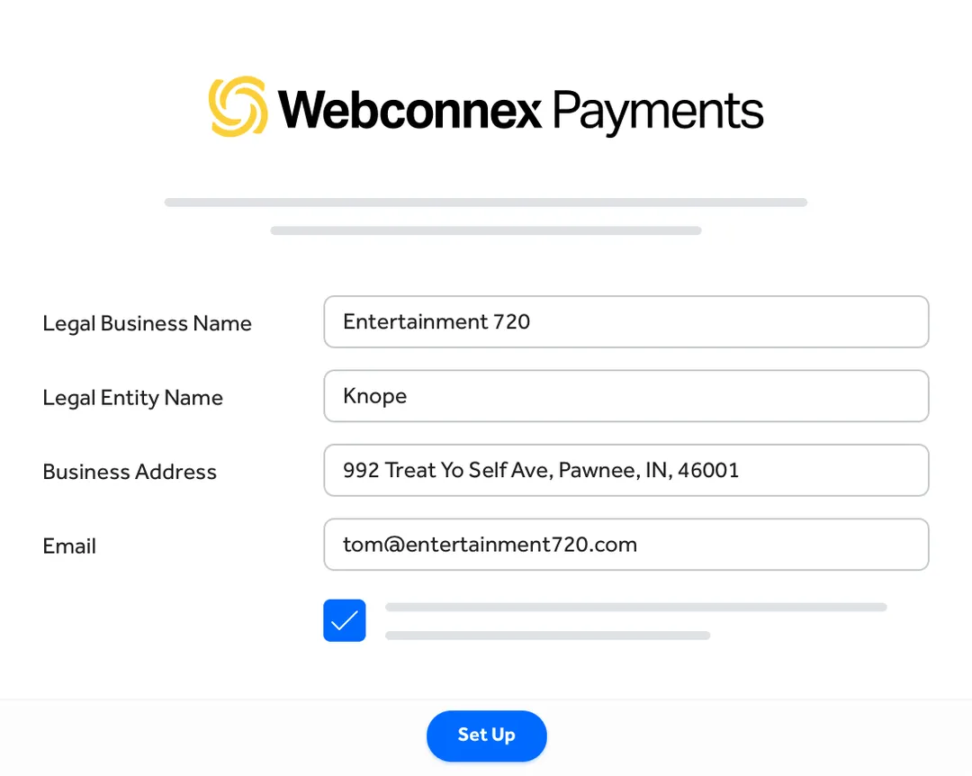 Webconnex Payments setup form filled with Entertainment 720 business details including name, entity name Knope, address in Pawnee, IN, and email tom@entertainment720.com, with a blue Set Up button.