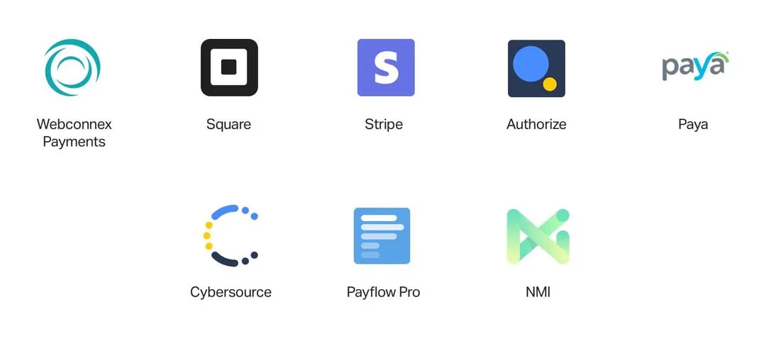 Logos of eight payment processing companies: Webconnex Payments, Square, Stripe, Authorize, Paya, Cybersource, Payflow Pro, and NMI.
