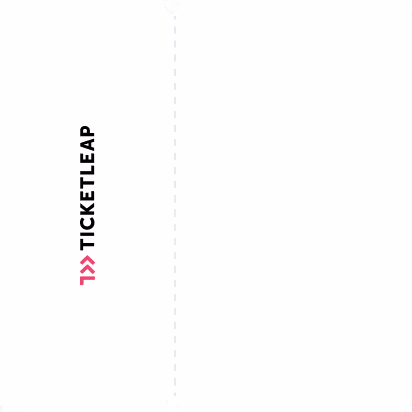 White ticket with black text and pink arrows reading 'TICKETLEAP' vertically along the left edge.