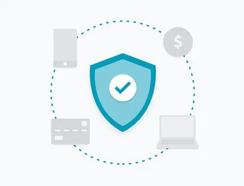 Shield with a checkmark surrounded by icons of a smartphone, dollar symbol, credit card, and laptop connected by a dotted circle, representing security.