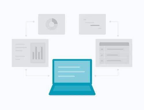 Illustration of a laptop with four connected data visualization panels including pie chart, bar chart, timeline, and table.