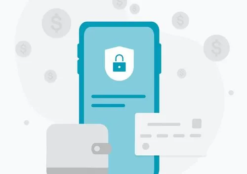Graphic of a smartphone with a security lock icon on the screen, a wallet, and a credit card representing secure digital payment.