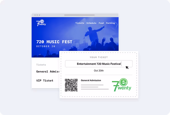 Digital ticketing interface for 720 Music Fest on October 20 with options for General Admission and VIP tickets, showing a highlighted ticket for Entertainment 720 Music Festival.