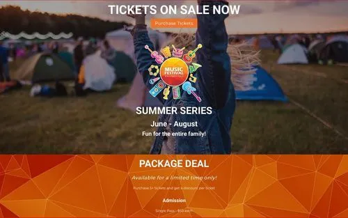 Person raising hands in a field with tents during sunset, promoting a summer music festival series with tickets on sale and a limited-time package deal.