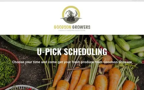 Goodson Growers logo above text promoting U-Pick scheduling with fresh carrots and green vegetables in baskets.