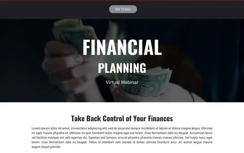 Hands counting US dollar bills with overlay text 'Financial Planning Virtual Webinar' and a headline below saying 'Take Back Control of Your Finances.'