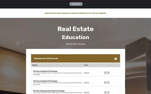 Website page featuring Real Estate Education online CEU courses with a table listing sales person CE courses and prices.