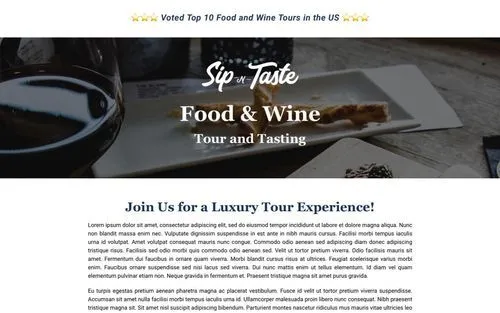 Wine glass and small food plate with text 'Sip and Taste Food & Wine Tour and Tasting' overlay.