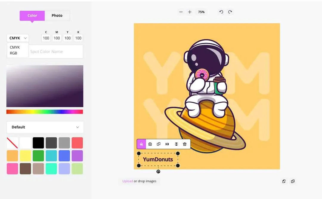 Graphic design interface showing an astronaut holding a pink donut and a coffee cup, sitting on a yellow planet with rings, with the text 'YumDonuts'.