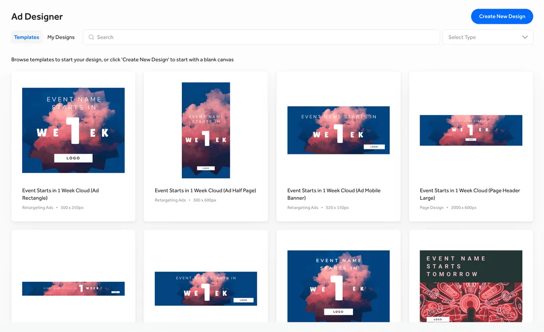 Ad Designer interface showing templates for event ads with pink clouds and 'Event Name Starts in 1 Week' text.