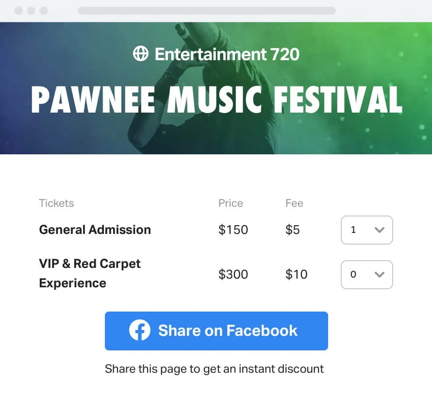 Ticket options for Pawnee Music Festival showing General Admission at $150 plus $5 fee, VIP & Red Carpet Experience at $300 plus $10 fee, with a button to share on Facebook for an instant discount.