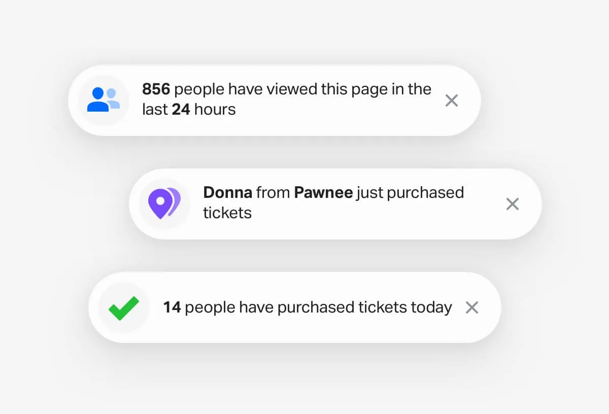 Three notification messages: 856 people viewed this page in the last 24 hours; Donna from Pawnee just purchased tickets; 14 people have purchased tickets today.