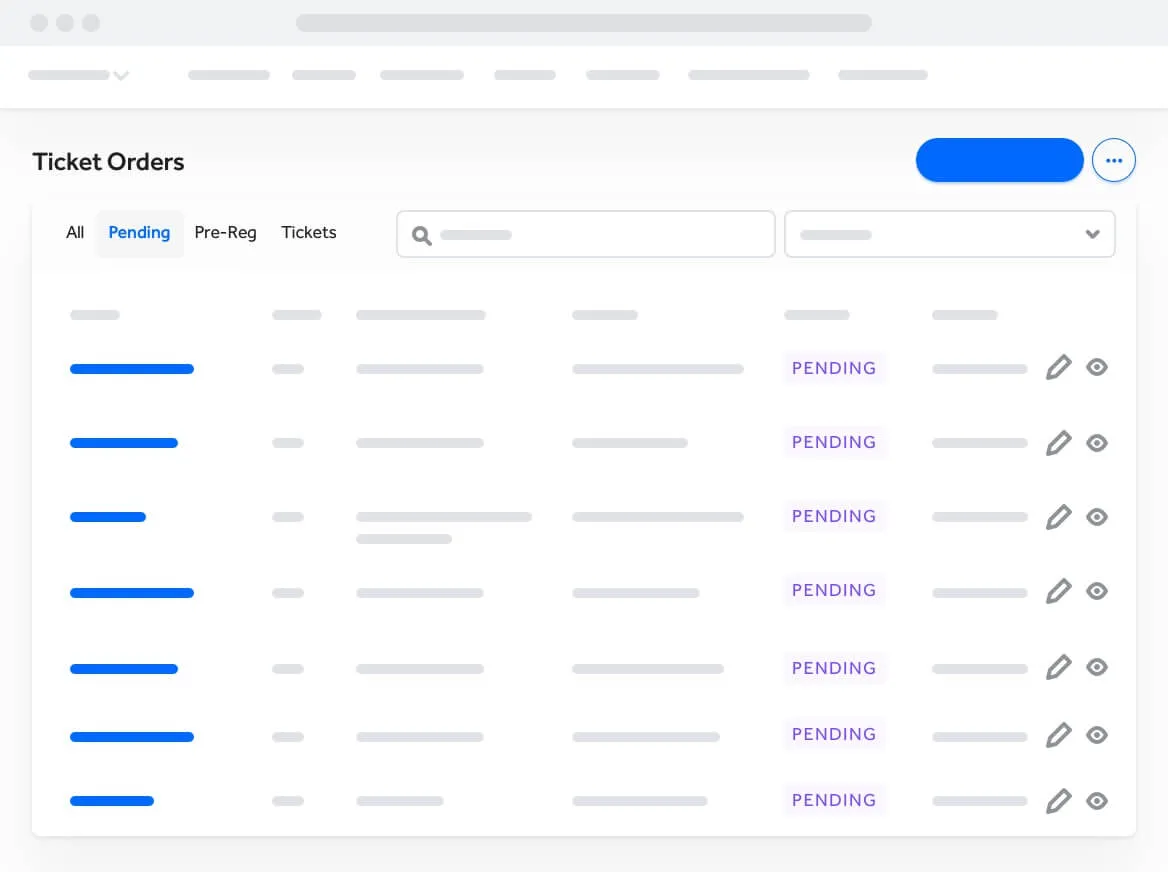 User interface displaying a list of ticket orders marked as pending, with columns including search and filter options and edit and view icons next to each entry.