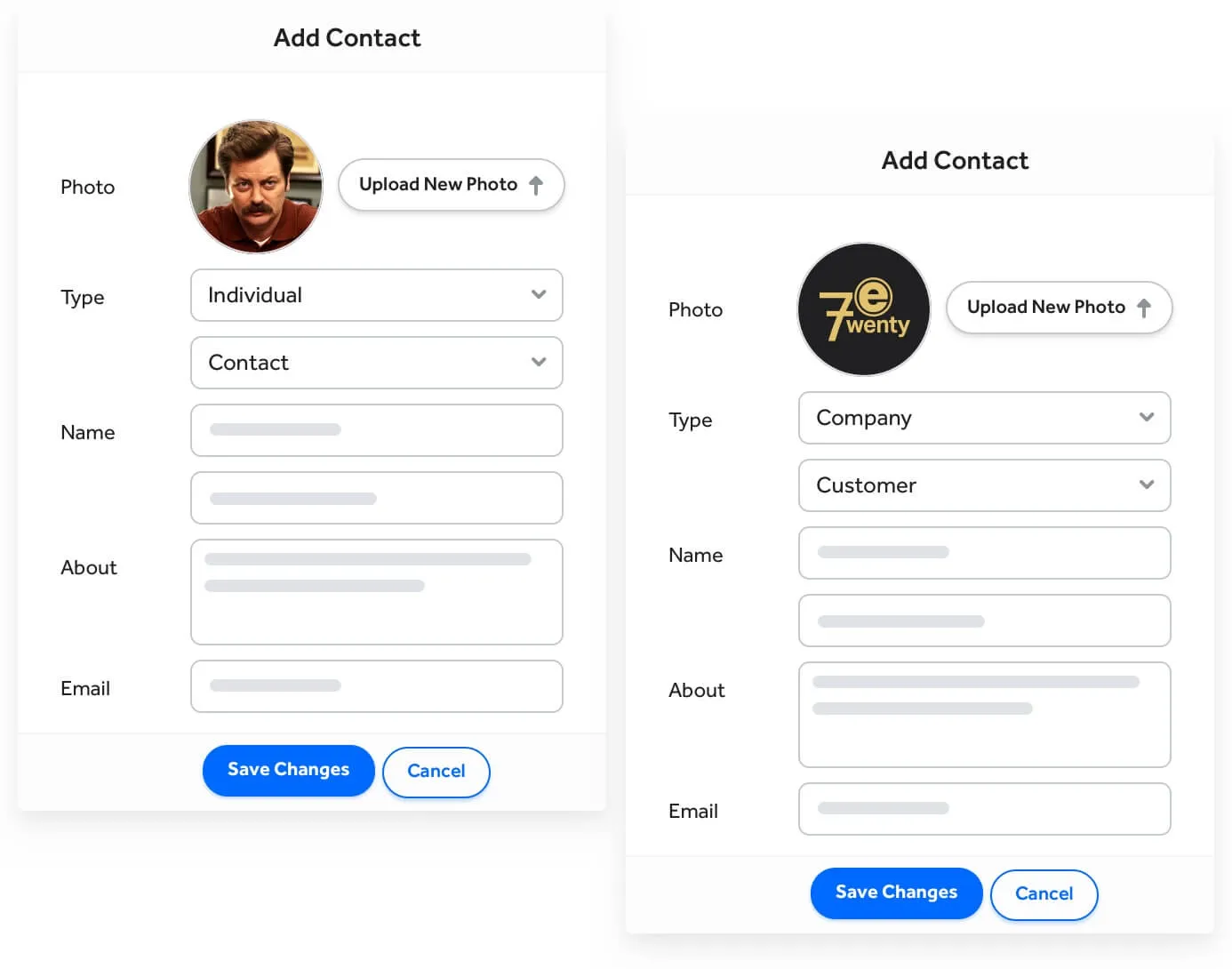 Two side-by-side 'Add Contact' forms, one for an individual with a man's photo and the other for a company with a logo, both featuring fields for Photo, Type, Name, About, Email, and buttons to Save Changes or Cancel.