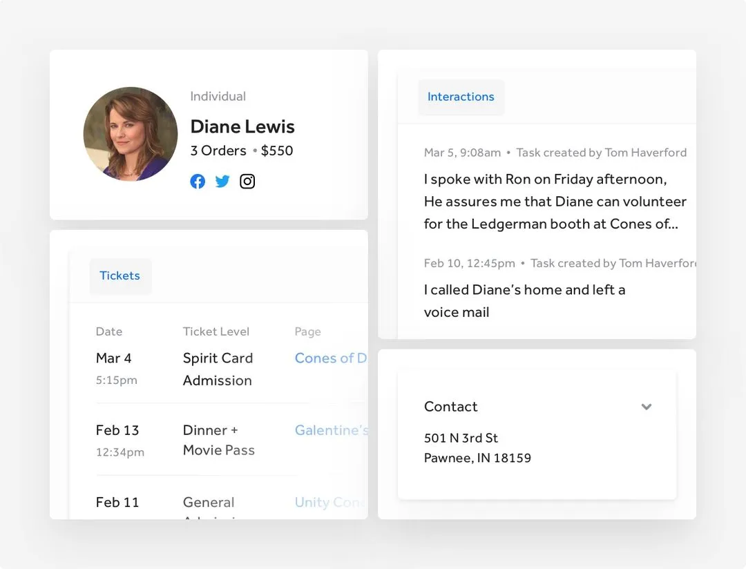Profile card of Diane Lewis with 3 orders totaling $550, social media icons, recent ticket purchases, interactions log, and contact address in Pawnee, Indiana.