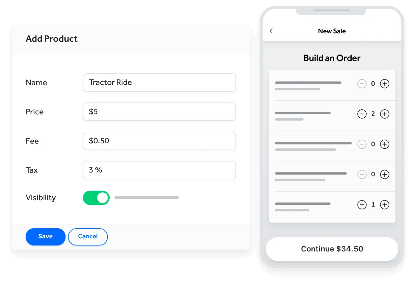 User interface showing Add Product form with fields for Name, Price, Fee, Tax, and Visibility toggle, and a mobile screen displaying New Sale order summary with item quantities and a Continue button showing $34.50.