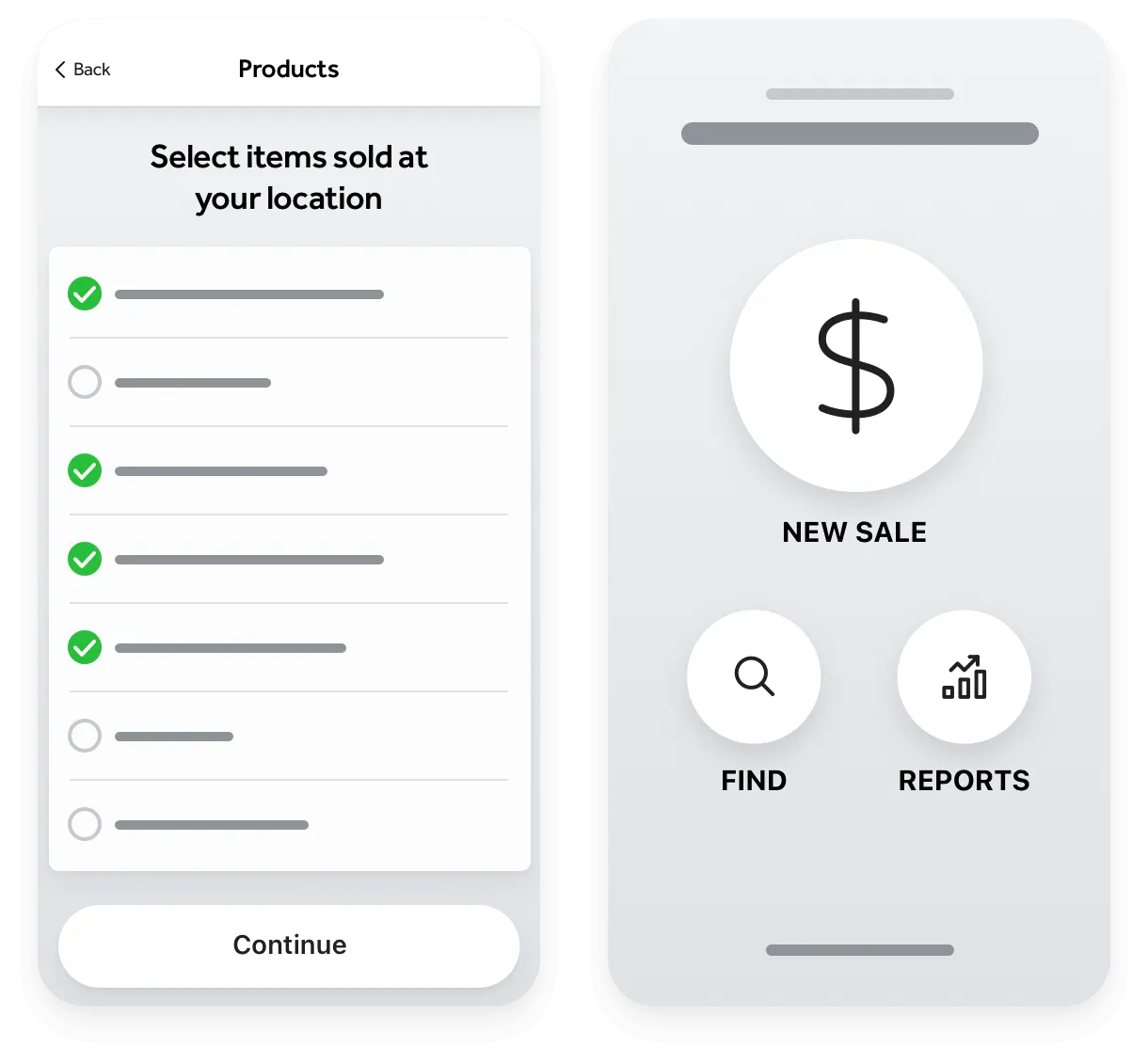 Two smartphone screens: left showing a product selection list with some items checked and a Continue button, right showing icons labeled New Sale, Find, and Reports.