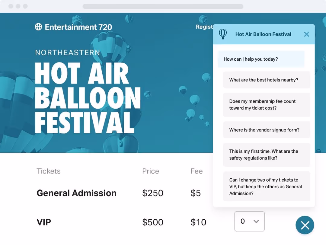 Webpage interface for Northeastern Hot Air Balloon Festival showing ticket prices and FAQs including General Admission at $250 and VIP at $500.