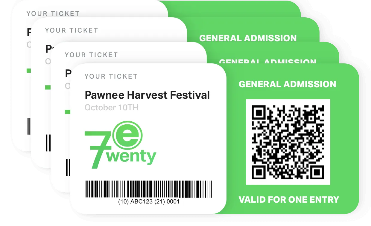 Stack of tickets for Pawnee Harvest Festival on October 10th with barcode, QR code, and green general admission section marked valid for one entry.