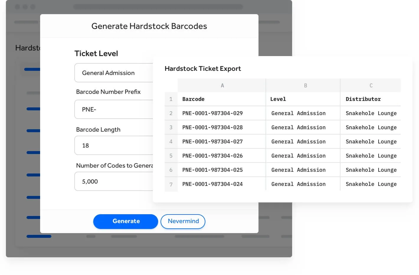 User interface for generating hardstock barcodes with fields for ticket level, barcode prefix, length, and quantity, plus a table displaying barcode exports with barcode numbers, levels, and distributor names.