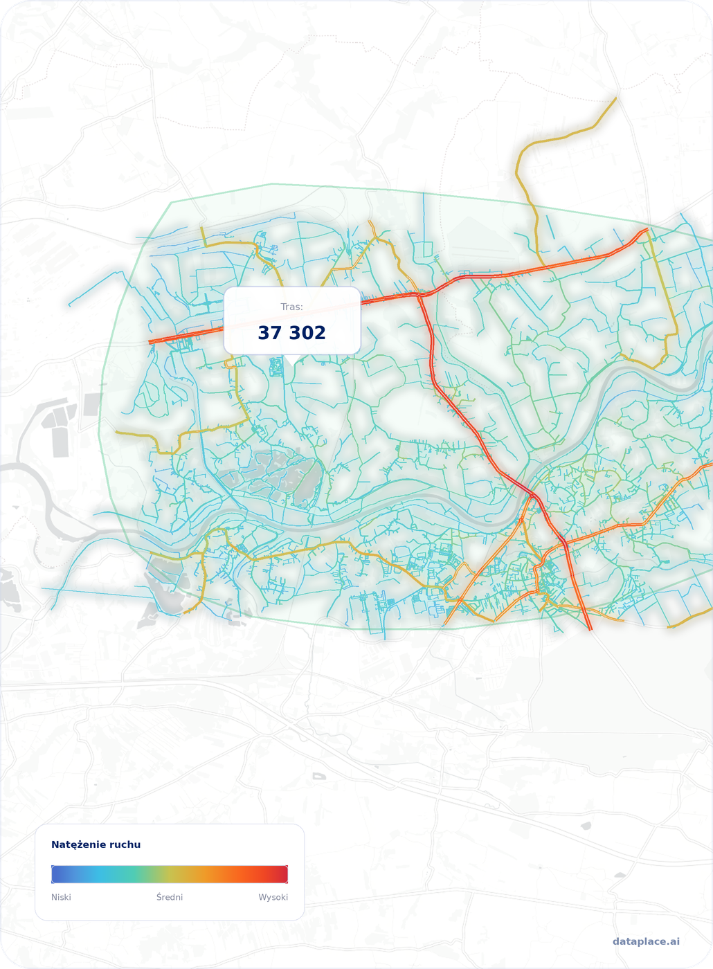 Mapa ruchu drogowego z kolorową skalą natężenia, pokazująca trasy o niskim, średnim i wysokim natężeniu, z wyróżnioną wartością 37 302.