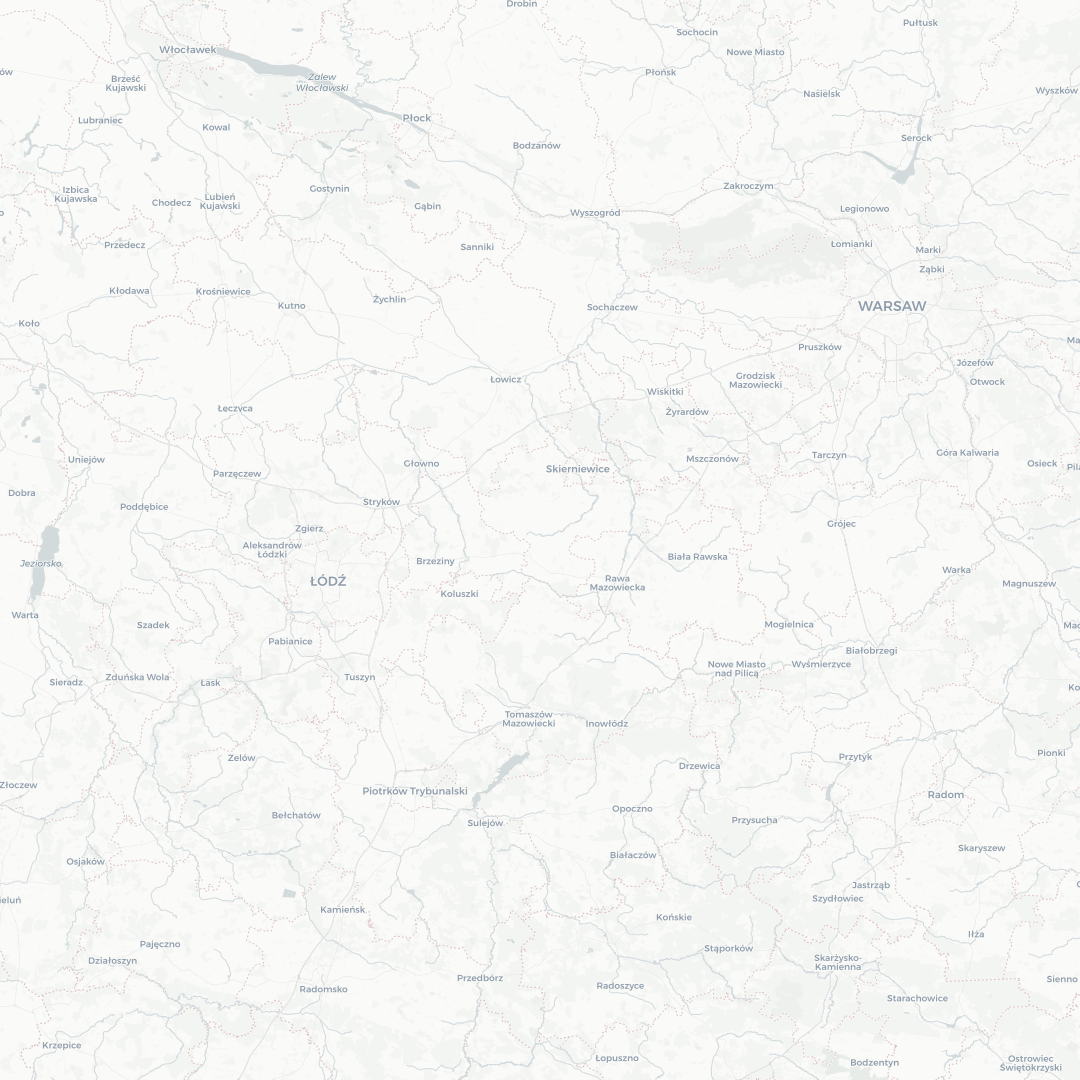 Mapa regionu centralnej Polski pokazująca miasta Łódź, Warszawa, Piotrków Trybunalski, Skierniewice i okoliczne miejscowości.