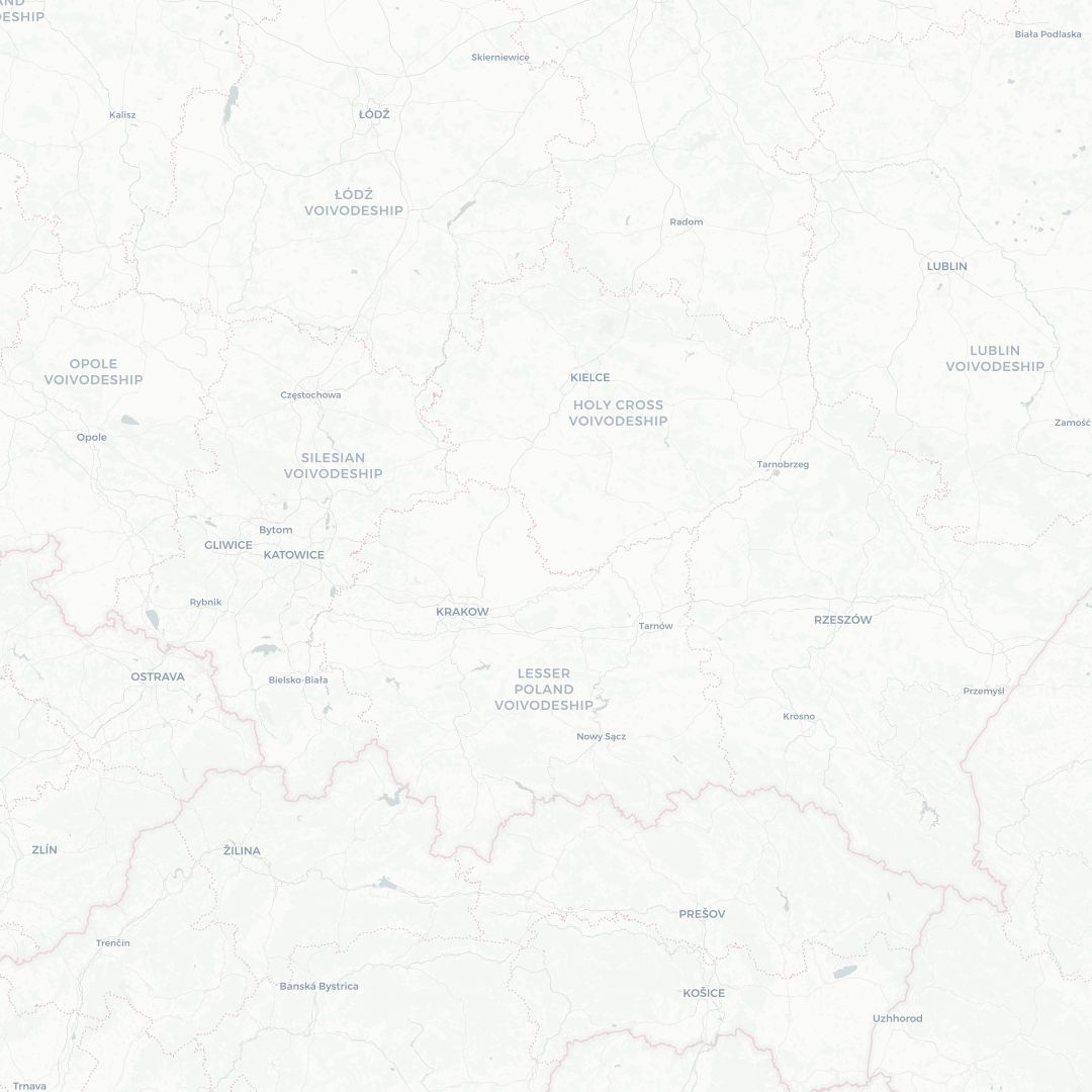 Mapa południowej Polski pokazująca województwa: łódzkie, śląskie, opolskie, świętokrzyskie, małopolskie oraz podkarpackie z zaznaczonymi miastami jak Kraków, Katowice, Kielce, Rzeszów.