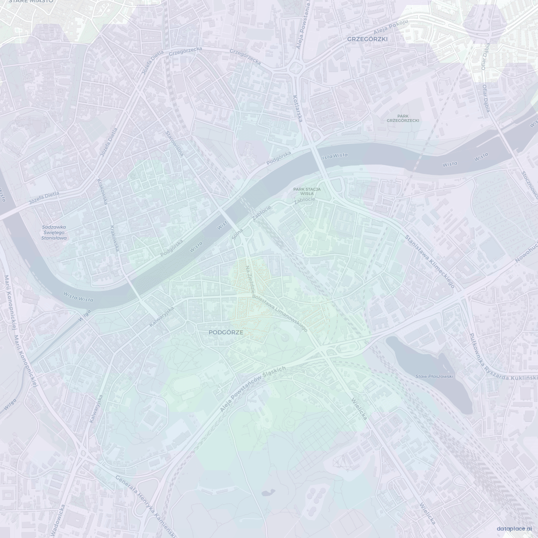 Mapa centrum miasta Krakowa, pokazująca dzielnice Podgórze i Grzegórzki oraz rzekę Wisłę przepływającą przez obszar.