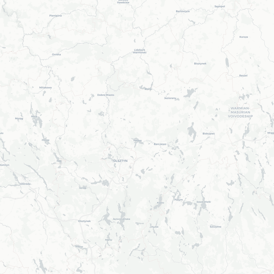 Mapa regionu warmińsko-mazurskiego z oznaczonym miastem Olsztyn i pobliskimi miejscowościami oraz jeziorami.