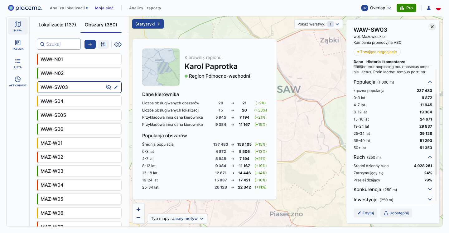 Dashboard Moja siec w aplikacji Placeme - zarzadzanie siecia