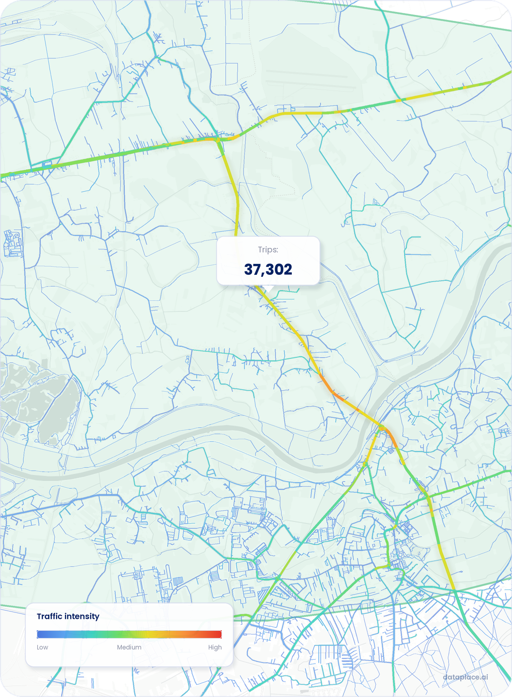 Mapa ruchu drogowego z kolorową skalą natężenia, pokazująca trasy o niskim, średnim i wysokim natężeniu, z wyróżnioną wartością 37 302.