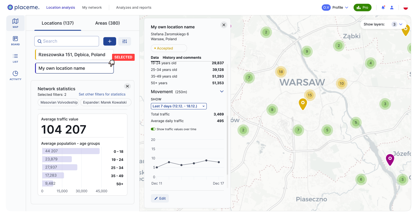 My Network dashboard in the Placeme app - network management