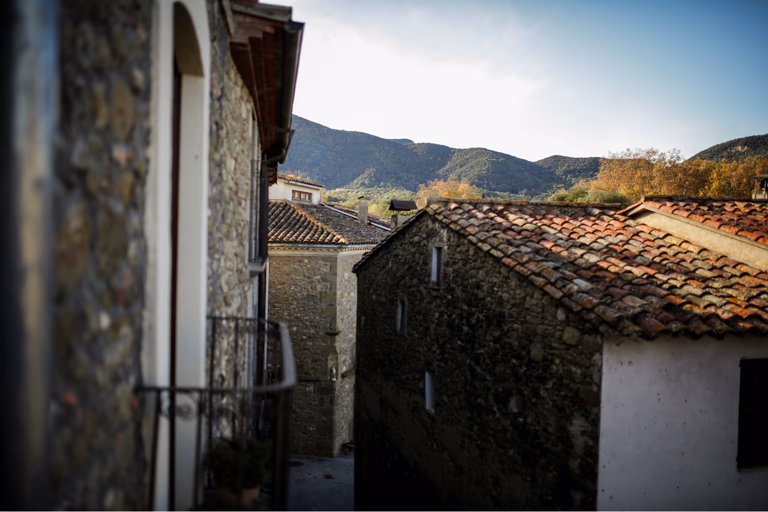View of stone and tile-roofed buildings in a village street with green mountains and blue sky in the background.