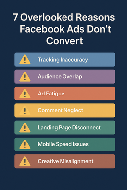 Infographic styled like a SaaS dashboard showing seven overlooked reasons Facebook ads fail to convert, each displayed as a tile with a severity indicator bar.